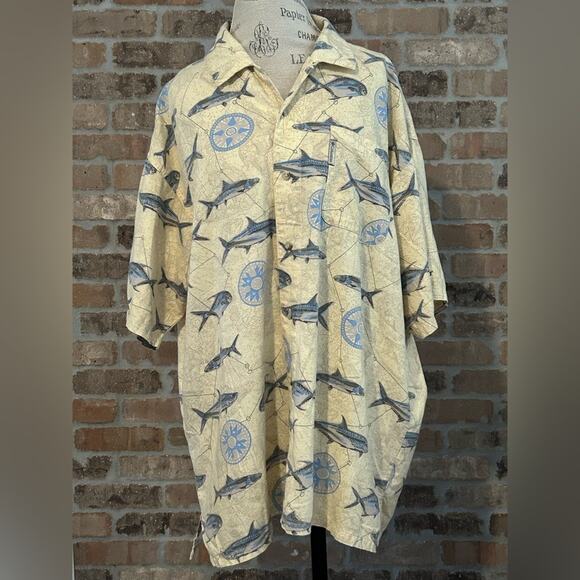 Vintage Columbia Men's Short Sleeve Shirt Fish compass Map Print Size XL cream - Picture 2 of 9